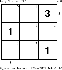 The grouppuzzles.com Easy TicTac-123 puzzle for Saturday December 27, 2025 with all 2 steps marked
