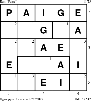 The grouppuzzles.com Easy Paige puzzle for Saturday December 27, 2025 with all 3 steps marked