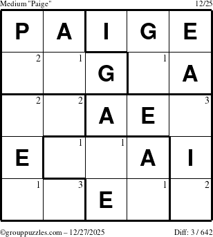 The grouppuzzles.com Medium Paige puzzle for Saturday December 27, 2025 with the first 3 steps marked