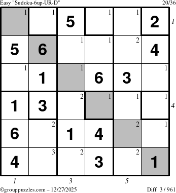 The grouppuzzles.com Easy Sudoku-6up-UR-D puzzle for Saturday December 27, 2025 with all 3 steps marked