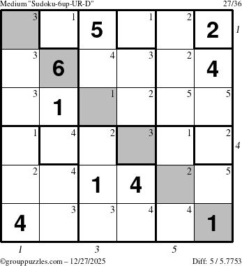 The grouppuzzles.com Medium Sudoku-6up-UR-D puzzle for Saturday December 27, 2025, suitable for printing, with all 5 steps marked