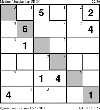 The grouppuzzles.com Medium Sudoku-6up-UR-D puzzle for Saturday December 27, 2025 with the first 3 steps marked