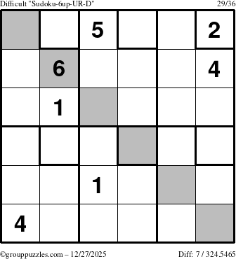 The grouppuzzles.com Difficult Sudoku-6up-UR-D puzzle for Saturday December 27, 2025