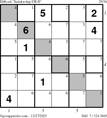 The grouppuzzles.com Difficult Sudoku-6up-UR-D puzzle for Saturday December 27, 2025 with all 7 steps marked