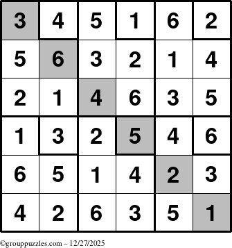 The grouppuzzles.com Answer grid for the Sudoku-6up-UR-D puzzle for Saturday December 27, 2025