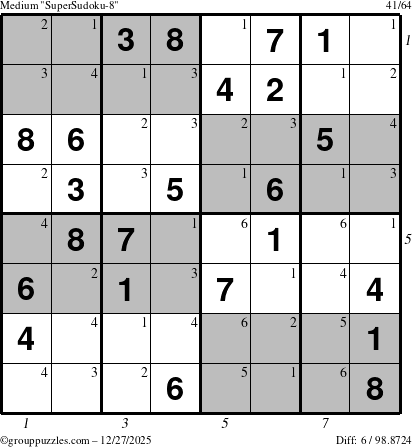 The grouppuzzles.com Medium SuperSudoku-8 puzzle for Saturday December 27, 2025, suitable for printing, with all 6 steps marked