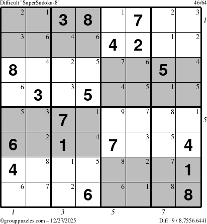 The grouppuzzles.com Difficult SuperSudoku-8 puzzle for Saturday December 27, 2025, suitable for printing, with all 9 steps marked