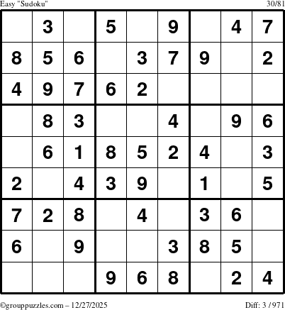 The grouppuzzles.com Easy Sudoku puzzle for Saturday December 27, 2025