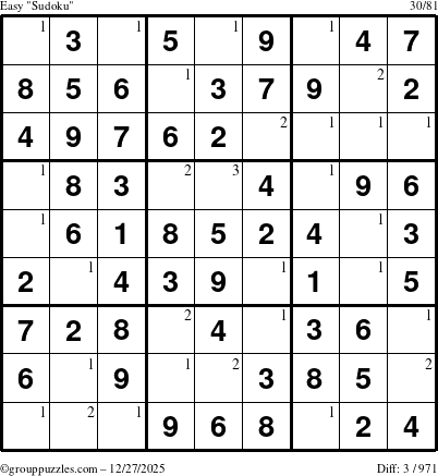 The grouppuzzles.com Easy Sudoku puzzle for Saturday December 27, 2025 with the first 3 steps marked