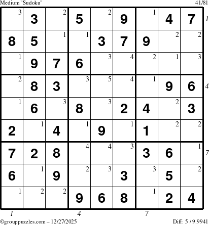 The grouppuzzles.com Medium Sudoku puzzle for Saturday December 27, 2025 with all 5 steps marked