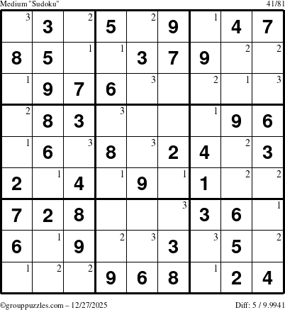 The grouppuzzles.com Medium Sudoku puzzle for Saturday December 27, 2025 with the first 3 steps marked