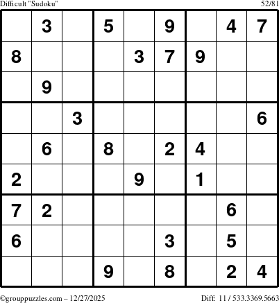 The grouppuzzles.com Difficult Sudoku puzzle for Saturday December 27, 2025