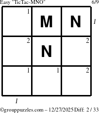 The grouppuzzles.com Easy TicTac-MNO puzzle for Saturday December 27, 2025 with all 2 steps marked