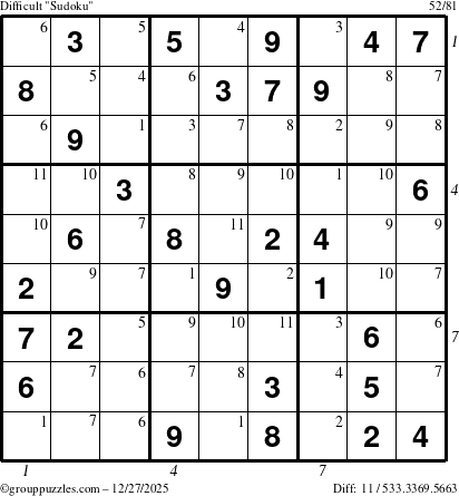 The grouppuzzles.com Difficult Sudoku puzzle for Saturday December 27, 2025, suitable for printing, with all 11 steps marked