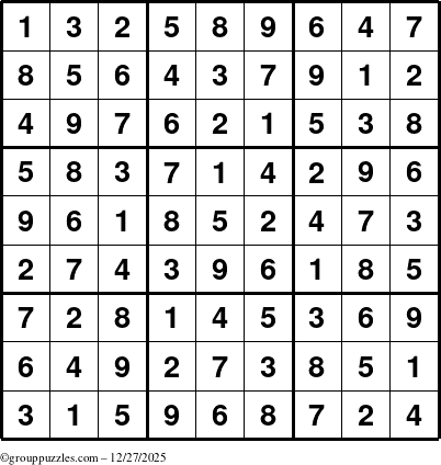 The grouppuzzles.com Answer grid for the Sudoku puzzle for Saturday December 27, 2025