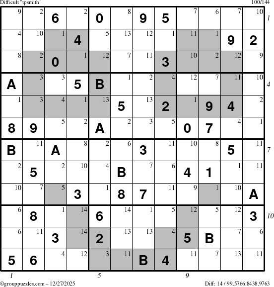 The grouppuzzles.com Difficult tpsmith puzzle for Saturday December 27, 2025 with all 14 steps marked