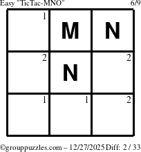 The grouppuzzles.com Easy TicTac-MNO puzzle for Saturday December 27, 2025 with the first 2 steps marked
