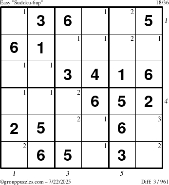 The grouppuzzles.com Easy Sudoku-6up puzzle for Tuesday July 22, 2025 with all 3 steps marked
