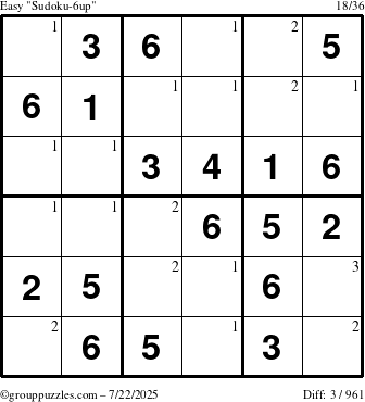 The grouppuzzles.com Easy Sudoku-6up puzzle for Tuesday July 22, 2025 with the first 3 steps marked