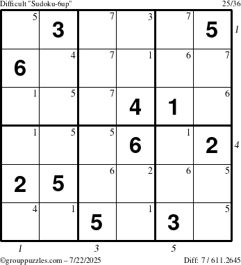 The grouppuzzles.com Difficult Sudoku-6up puzzle for Tuesday July 22, 2025 with all 7 steps marked