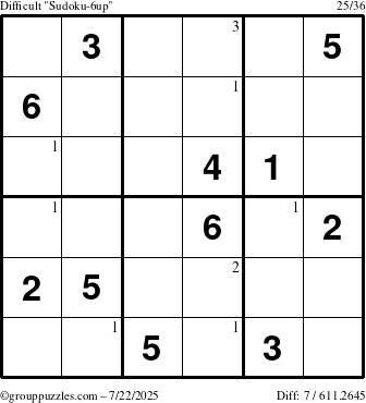 The grouppuzzles.com Difficult Sudoku-6up puzzle for Tuesday July 22, 2025 with the first 3 steps marked