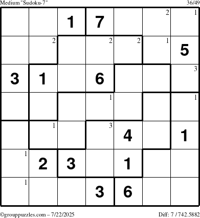 The grouppuzzles.com Medium Sudoku-7 puzzle for Tuesday July 22, 2025 with the first 3 steps marked
