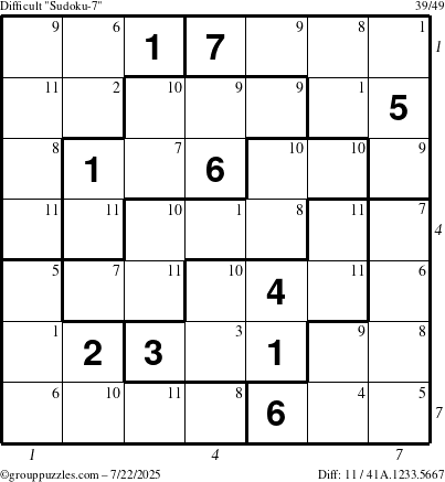 The grouppuzzles.com Difficult Sudoku-7 puzzle for Tuesday July 22, 2025 with all 11 steps marked
