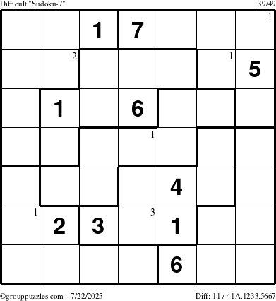 The grouppuzzles.com Difficult Sudoku-7 puzzle for Tuesday July 22, 2025 with the first 3 steps marked