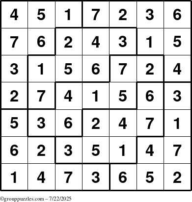 The grouppuzzles.com Answer grid for the Sudoku-7 puzzle for Tuesday July 22, 2025