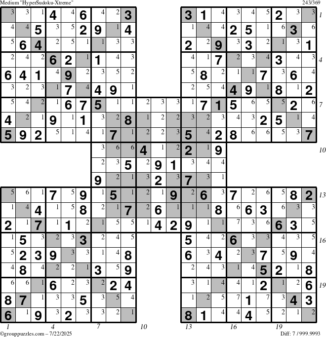 The grouppuzzles.com Medium HyperSudoku-Xtreme puzzle for Tuesday July 22, 2025 with all 7 steps marked