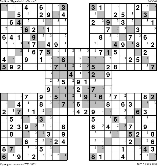 The grouppuzzles.com Medium HyperSudoku-Xtreme puzzle for Tuesday July 22, 2025 with the first 3 steps marked