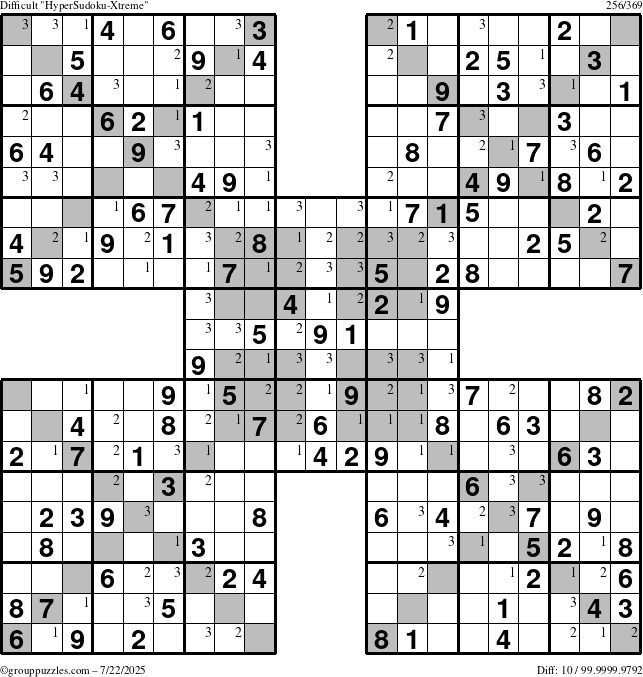 The grouppuzzles.com Difficult HyperSudoku-Xtreme puzzle for Tuesday July 22, 2025 with the first 3 steps marked