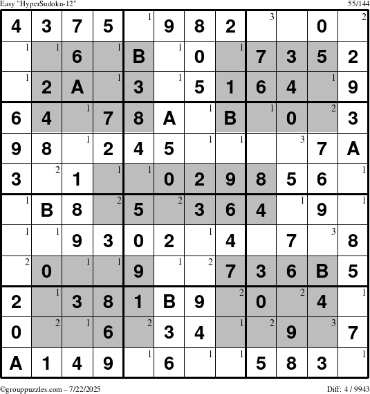 The grouppuzzles.com Easy HyperSudoku-12 puzzle for Tuesday July 22, 2025 with the first 3 steps marked