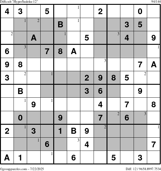 The grouppuzzles.com Difficult HyperSudoku-12 puzzle for Tuesday July 22, 2025 with the first 3 steps marked