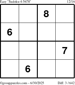 The grouppuzzles.com Easy Sudoku-4-5678 puzzle for Monday June 30, 2025