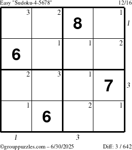 The grouppuzzles.com Easy Sudoku-4-5678 puzzle for Monday June 30, 2025, suitable for printing, with all 3 steps marked