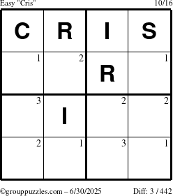The grouppuzzles.com Easy Cris puzzle for Monday June 30, 2025 with the first 3 steps marked