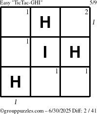 The grouppuzzles.com Easy TicTac-GHI puzzle for Monday June 30, 2025 with all 2 steps marked