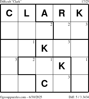 The grouppuzzles.com Difficult Clark puzzle for Monday June 30, 2025 with the first 3 steps marked