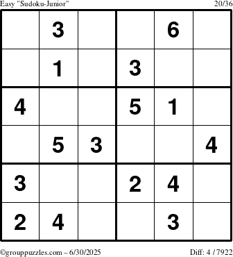The grouppuzzles.com Easy Sudoku-Junior puzzle for Monday June 30, 2025