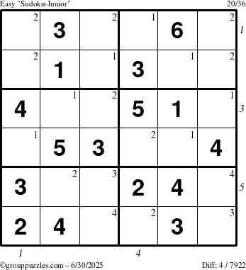 The grouppuzzles.com Easy Sudoku-Junior puzzle for Monday June 30, 2025 with all 4 steps marked