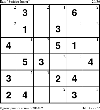 The grouppuzzles.com Easy Sudoku-Junior puzzle for Monday June 30, 2025 with the first 3 steps marked