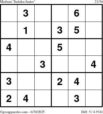 The grouppuzzles.com Medium Sudoku-Junior puzzle for Monday June 30, 2025