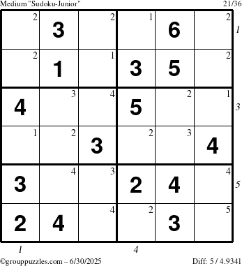 The grouppuzzles.com Medium Sudoku-Junior puzzle for Monday June 30, 2025 with all 5 steps marked