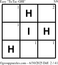 The grouppuzzles.com Easy TicTac-GHI puzzle for Monday June 30, 2025 with the first 2 steps marked