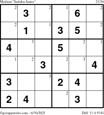 The grouppuzzles.com Medium Sudoku-Junior puzzle for Monday June 30, 2025 with the first 3 steps marked