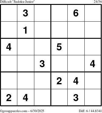 The grouppuzzles.com Difficult Sudoku-Junior puzzle for Monday June 30, 2025