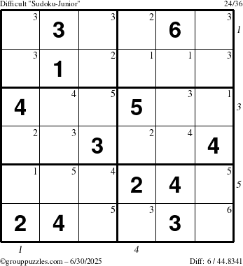 The grouppuzzles.com Difficult Sudoku-Junior puzzle for Monday June 30, 2025 with all 6 steps marked