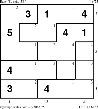 The grouppuzzles.com Easy Sudoku-5B puzzle for Monday June 30, 2025 with all 4 steps marked