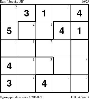 The grouppuzzles.com Easy Sudoku-5B puzzle for Monday June 30, 2025 with the first 3 steps marked